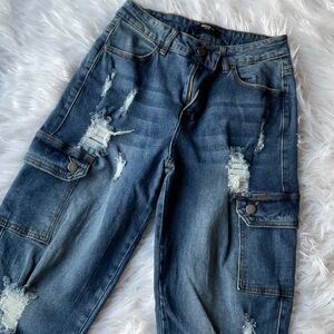 Blue Ripped jean joggers.